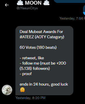 atinyy_love's tweet photo. Deal Mubeat Awards For #ATEEZ (BEST PERFORMANCE)

60 Votes (180 beats) 

- retweet, like 
- follow @JYeeunCityx
  (must be +200 (5.138) followers) 
⭕REQUIRED!
- proof

⏰ends in 24 hours
#DontStop #ATEEZ_DontStop #에이티즈 #TinyVenture_YT 
@ATEEZofficial #ateezrtdeals https://t.co/sO12HsgvVD