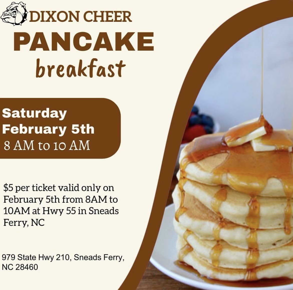 Come out and support your cheerleaders on the road to Nationals next Saturday at highway 55 in Snead’s Ferry! Tickets include pancakes, bacon, and a drink!