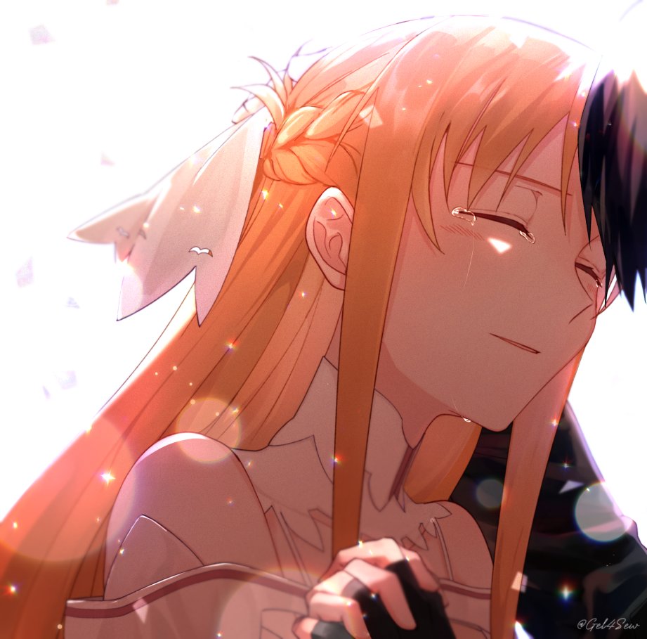 asuna (sao) ,kirito 1girl 1boy long hair closed eyes tears black hair holding hands  illustration images