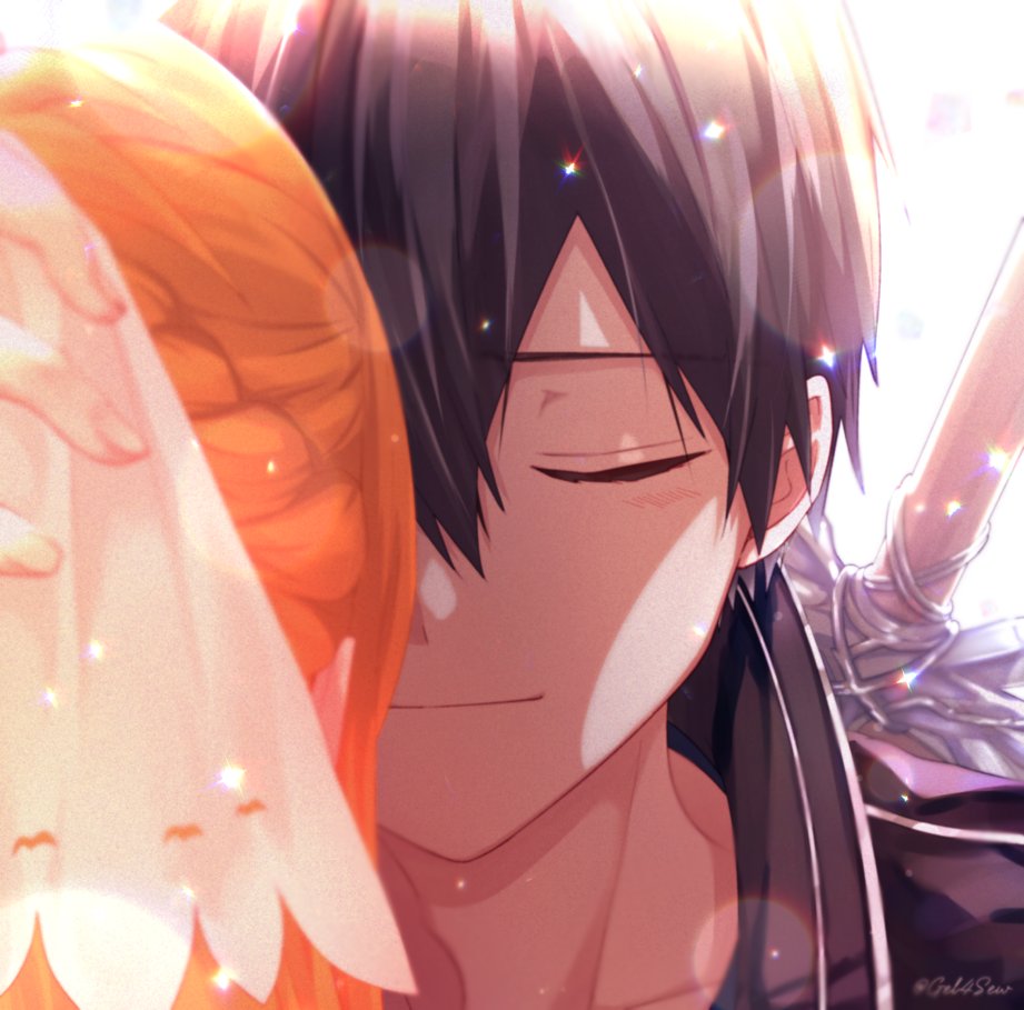 asuna (sao) ,kirito 1girl 1boy long hair closed eyes tears black hair holding hands  illustration images