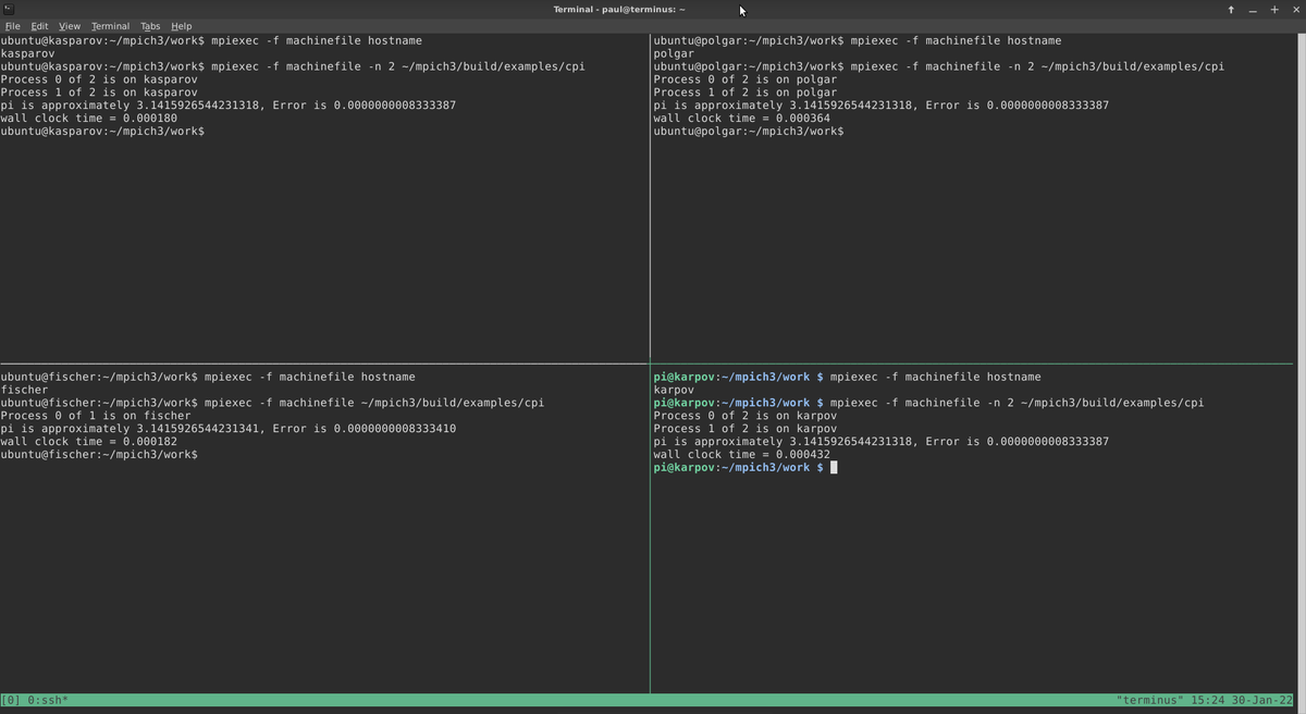 duplys's tweet photo. Making progress with https://t.co/Z1dk39yOxs book and my #DeepPi #nanocluster weekend project - MPICH up and running on all 4 @Raspberry_Pi compute nodes π https://t.co/T1g5hdt7q5