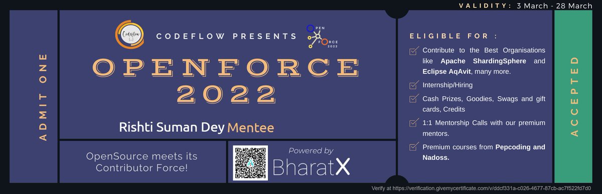 RishtiDey's tweet photo. "Opensource meets its Contributor Force!"
I received my unique acceptance ticket for Openforce 2022. Feels great to be part of this program๐๐
Thanks @hargunkaur008 and @codefloworg for this opportunityโจ
#codeflow #bhartx #openforce2022 #opensource https://t.co/7hJdo8I2mS