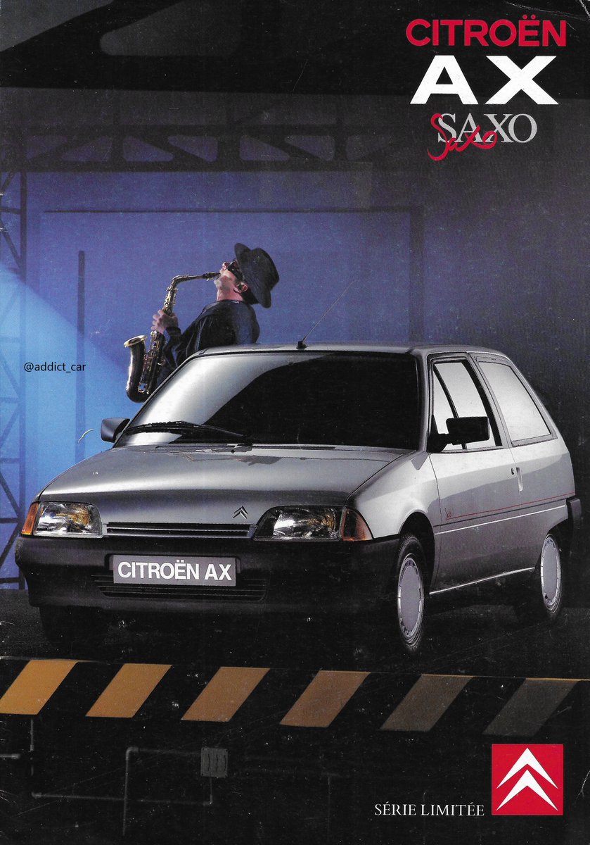 addict_car's tweet photo. There were seemingly dozens of limited edition Citroën AXs, but this 1991 one (seen in a French-market brochure) was unusual in that its name - Saxo - was reused by the company in 1996 for the AX's successor, the Peugeot 106-derived Citroën Saxo. #carbrochure #Citroen https://t.co/UsJhto4Gq0