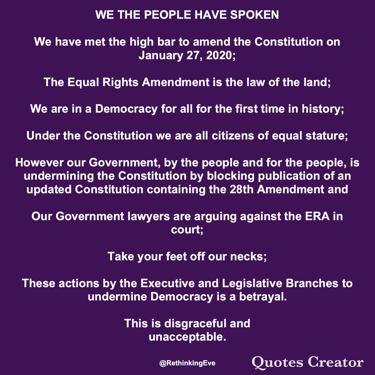 RethinkingEve's tweet photo. #NotADime #NotAVote #NotAPhoneCall from US Women until law is followed & the Constitution is published with the #28th Amendment
#EqualRightsAmendment was been added to the Constitution under #ArticleV when Virginia ratified as the 38th State 1/27/20
STOP MOVING GOALPOSTS https://t.co/EgJlaDkrr2