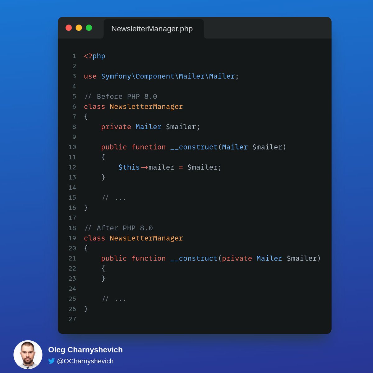 OCharnyshevich's tweet photo. 💡Tip of the day.

In #PHP 8, you can combine class fields, constructor definition, and variable assignments into one syntax. It helps you inject dependency without creating a dedicated property.

#symfony #laravel https://t.co/23YEwtuEE0