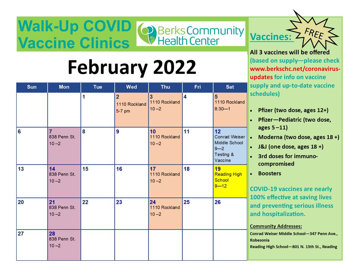 BerksCHC's tweet photo. We are still here to vaccinate the community against Covid 19! Check out our February calendar.   As always, please check https://t.co/jlLdEFfEte for our up to date calendars and vaccine availability. https://t.co/Nbpg9cC4oz