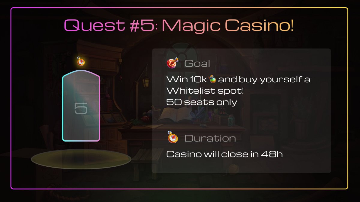 EarnElexir's tweet photo. 📯 Quest #5: Magic Discord Casino! ✨

🥅 Win 10k$ and buy yourself a whitelist spot 
⏰ Casino will close in 48hours
🎫 50 WL seats available https://t.co/C4JOEbyBnR