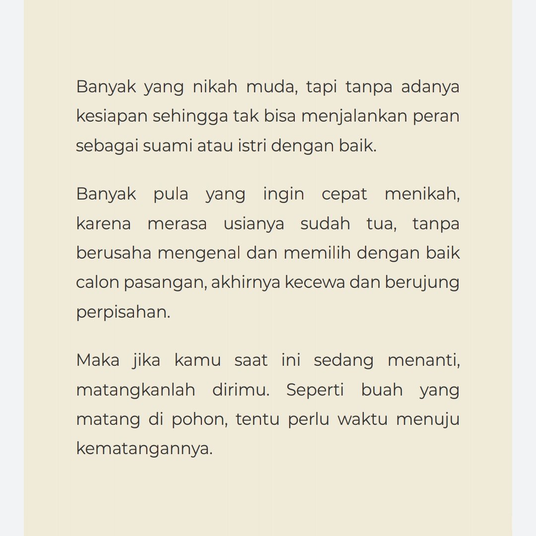 arifrahmanlubis's tweet photo. Nikah itu bukan perlombaan siapa lebih cepat. Nikah itu jangan yang penting cepat.

Tapi nikah di waktu yang tepat. Saat dirimu siap. Dan dipertemukan dengan
sosok terbaik dengan cara ta’aruf
yang baik.

Baik sangka. Karena Allah selalu
memberikan yang terbaik untukmu 😊 https://t.co/oo8A9l6sBp