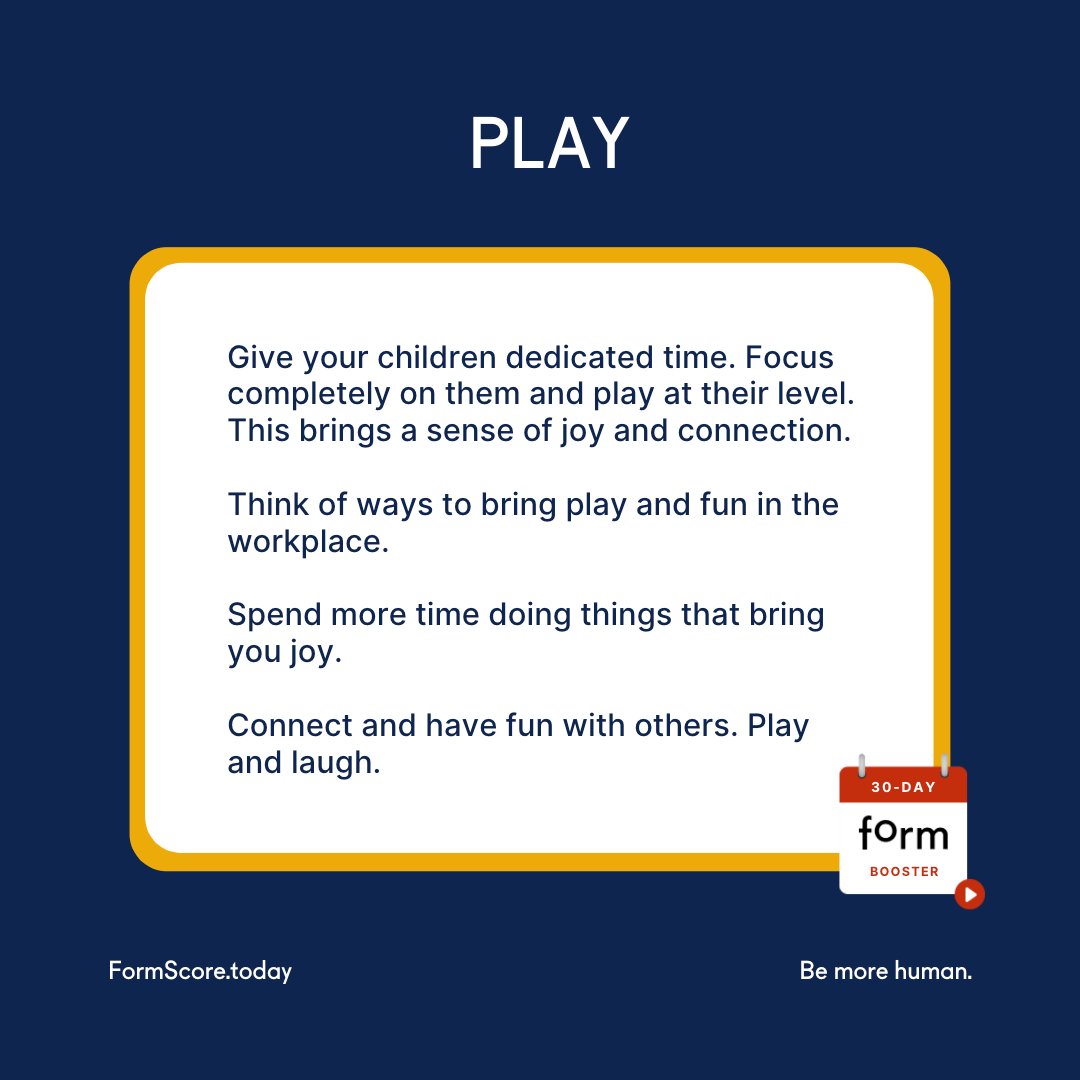 FormScore's tweet image. Research shows that if we boundary work-time and play-time we can be more creative. 
Can it help us be happier and ultimately, improve our #wellbeing?
 
Let&apos;s play.

🎬 WATCH today&apos;s bite-sized video here:
formscore.today/courses/play

#30dayformbooster #FormScore