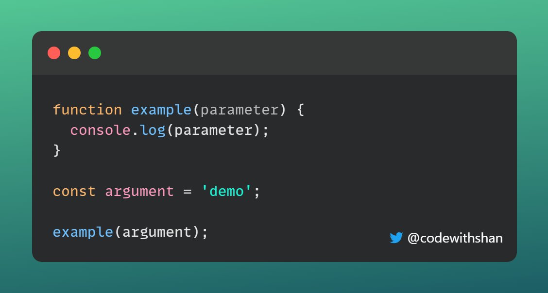 codewithshan's tweet photo. If you are still confused about parameters and arguments 😃

👉 Parameter: Variable defined by a function that receives the value.

👉 Argument:  Actual value that is passed to a function when it is invoked or called.

Happy Coding 🔥 https://t.co/EXgc7mq6iJ