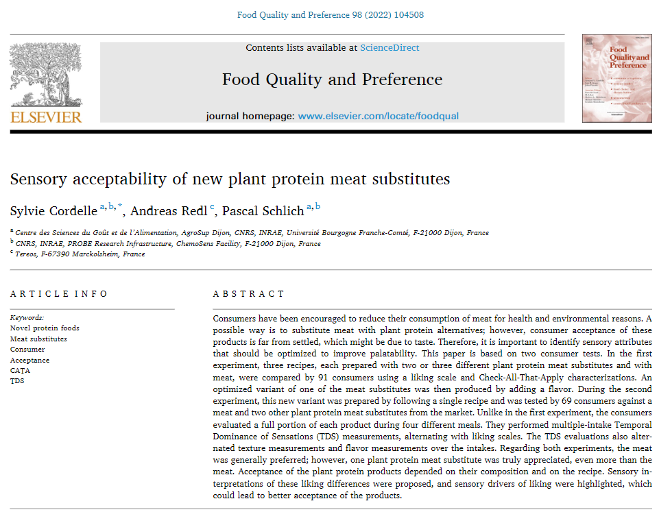 Optimizing texture and taste of recipes made with plant protein meat substitutes thanks to multiple intake TDS alternated with liking scores
doi.org/10.1016/j.food…