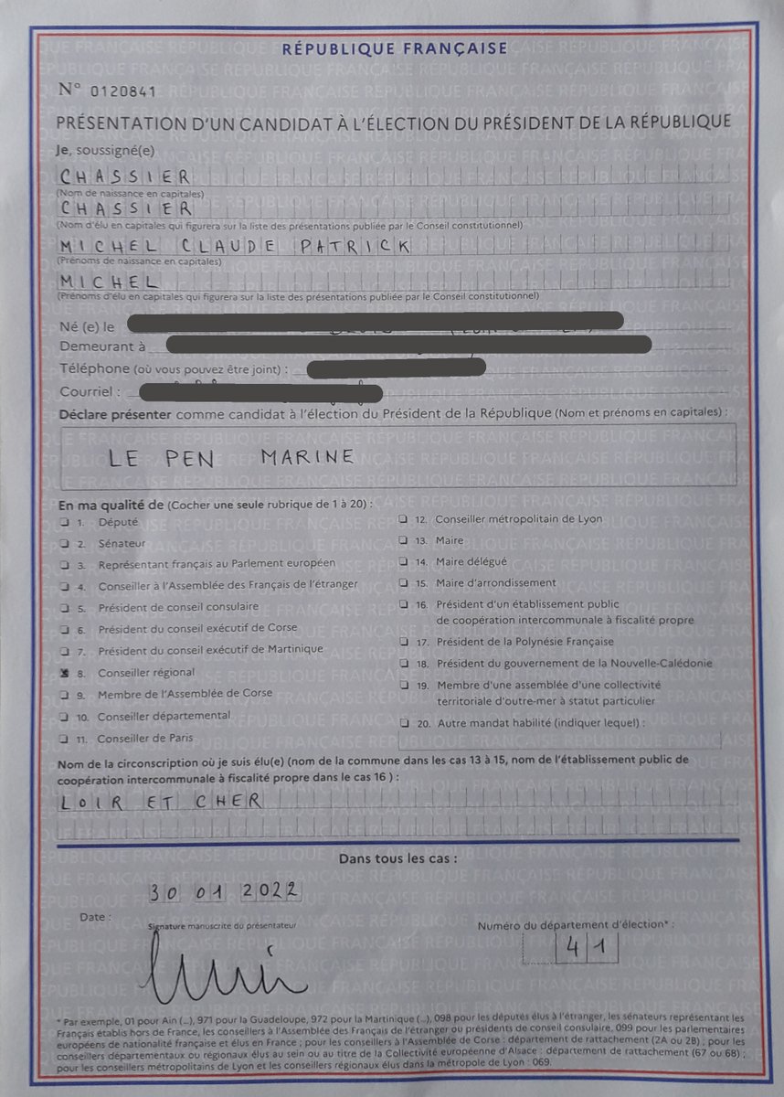 Fier d'apporter ma signature pour la présentation de <a href="/MLP_officiel/">Marine Le Pen</a>. Honneur, fidélité, lucidité. Notre candidate est la force tranquille de cette campagne. Plus elle apparaît présidentiable plus les attaques redoublent, c'est un signe !