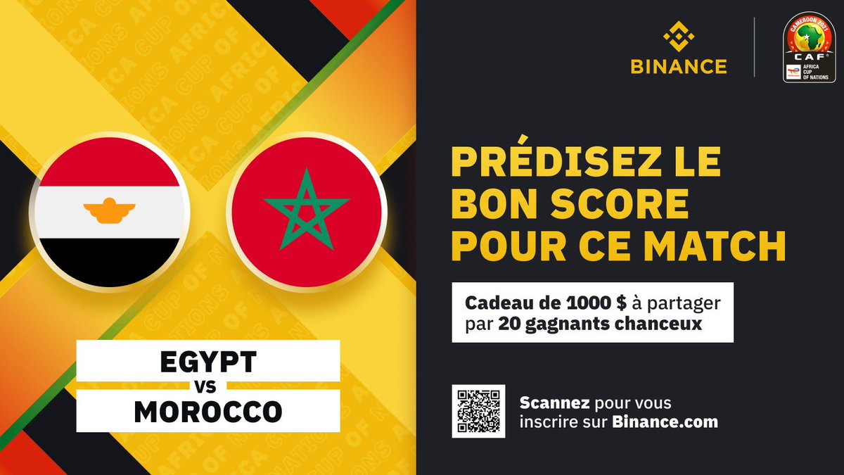 Quart de finale : 1000 $ de BUSD à gagner🤑

Prédisez correctement ! Prédisez vite !

🔸S'inscrire sur Binance
🔸Suivez <a href="/binanceafrique/">Binance Afrique</a> sur Twitter
🔸Prédisez le score correct : 🇪🇬-🇲🇦
🔸RT et remplissez le formulaire👉 forms.gle/t84XdkEUdhEU5A…

Allons-y⚽️ #WhoIsBinance #CAN2021