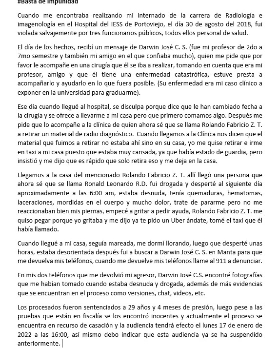 BrendaJusticia's tweet photo. Brenda fue violada cuando era interna del Iess Sus violadores los mismos radiologos. Ellos siguen ejerciendo en el iess manta y hospital verdi Cevallos . En primera instancia condenados a 29 años . No sé sabe cómo ganan  la apelación .y se espera la casación .
#justiciaparaBrenda https://t.co/Wdf5siMkKz