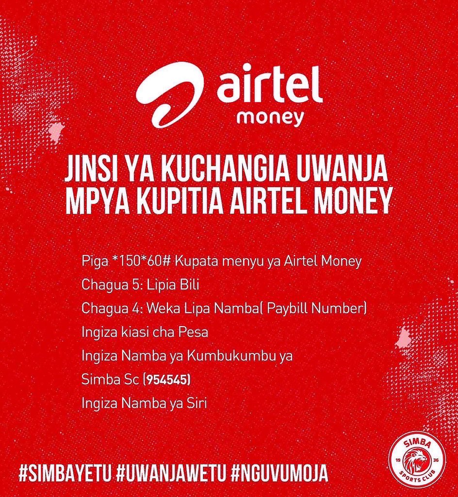 SimbaSCTanzania's tweet photo. 🧾 Namna ya kuchangia ujenzi wa uwanja mpya wa Simba kupitia T-Pesa, M-Pesa, Airtel Money au Tigo Pesa. #NguvuMoja https://t.co/gEKW1s9dcm