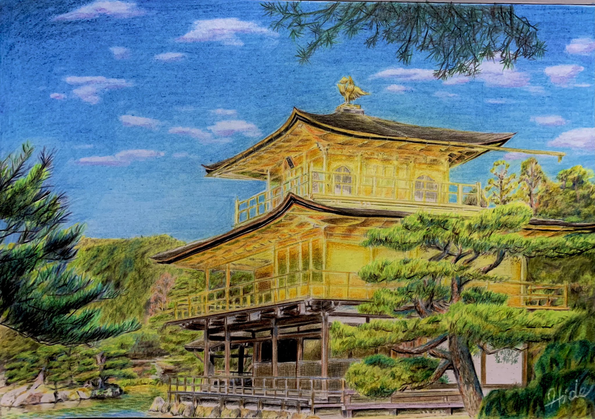 京都　漆喰画　絵画 風光礼讃による浮世絵「Kyoto Kinkakuji Temple - 京都金閣寺」