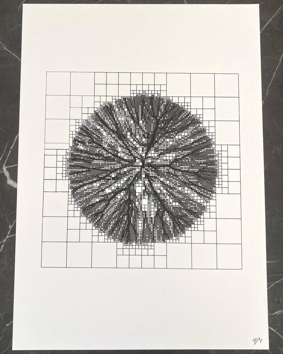 Unordered__list's tweet photo. 6h plot after the initial plot failed due to my pen breaking. Still have some tweaks in mind, but very satisfied with this already. #axidraw #plottertwitter #generativeart https://t.co/lpngNY5axo