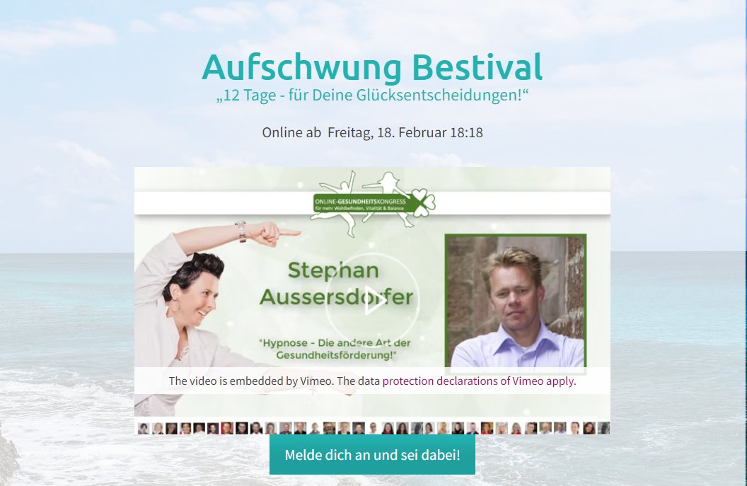 „Hypnose - die andere Art der Gesundheitsförderung“
Schön, dass ich wieder dabei sein konnte und Einblicke in die Arbeit rund um das Thema Hypnose aufzeigen durfte. Vielen Dank liebe Marina für das angenehme Interview!
Du interessierst dich für das Thema?
online-gesundheitskongress.de
