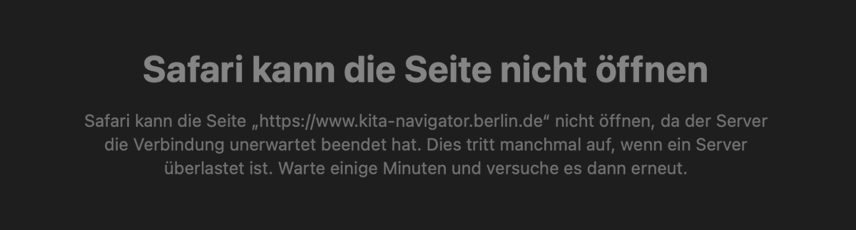 Matthias Patz (@matthiaspatz) on Twitter photo Weiß jemand was mit dem Berliner #KitaNavigator los ist - Überlastung oder Server down => kita-navigator.berlin.de ? Für die Suchfunktion kann man auch kita-suche.berlin benutzen, aber leider nicht für Betreuungsanfragen.
cc <a href="/SenBJF/">Senatsverwaltung für Bildung, Jugend und Familie</a> Weiß jemand was mit dem Berliner #KitaNavigator los ist - Überlastung oder Server down => kita-navigator.berlin.de ? Für die Suchfunktion kann man auch kita-suche.berlin benutzen, aber leider nicht für Betreuungsanfragen.
cc <a href="/SenBJF/">Senatsverwaltung für Bildung, Jugend und Familie</a>
