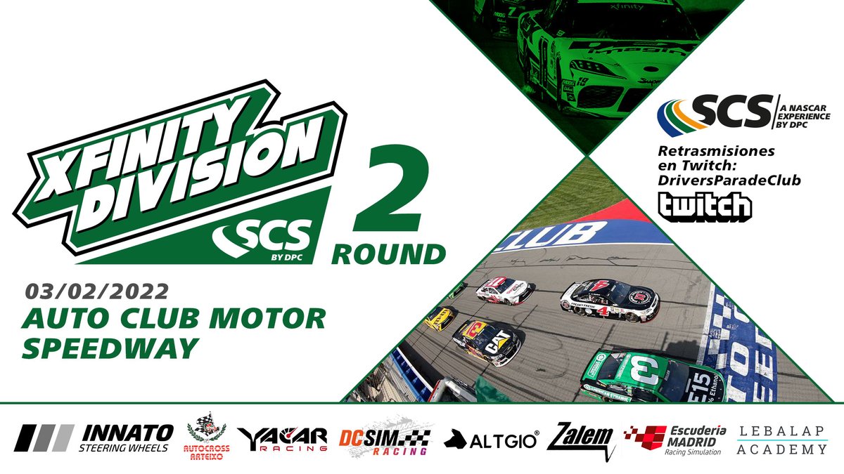 🏆STOCK CAR SERIES 2022🏆

🥈XFINITY DIVISION🥈

Segunda carrera de la temporada. ¡Vuelve la emoción de la Xfinity Division!

📍Auto Club
⏰21:35h (Madrid)
📺Retransmisión oficial: twitch.tv/driversparadec…
⌚️Live Timing: livedpc.noflyarea.es

¡TE ESPERAMOS!