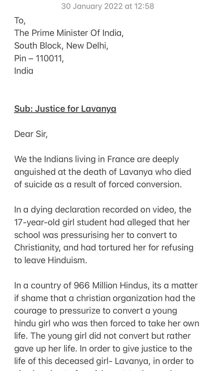 IndianFrance's tweet photo. Shri @narendramodi  ji, @CMOTamilnadu Shri @mkstalin ji, we Indians living in France are deeply anguished at the death of Lavanya who died of suicide as a result of forced conversion. We demand inquiry to find cause of such conversion attempts #JusticeforLavanya https://t.co/JUFXLZUTIe
