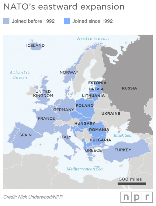A map shows the eastward expansion of NATO member countries since the founding of the alliance after World War II.