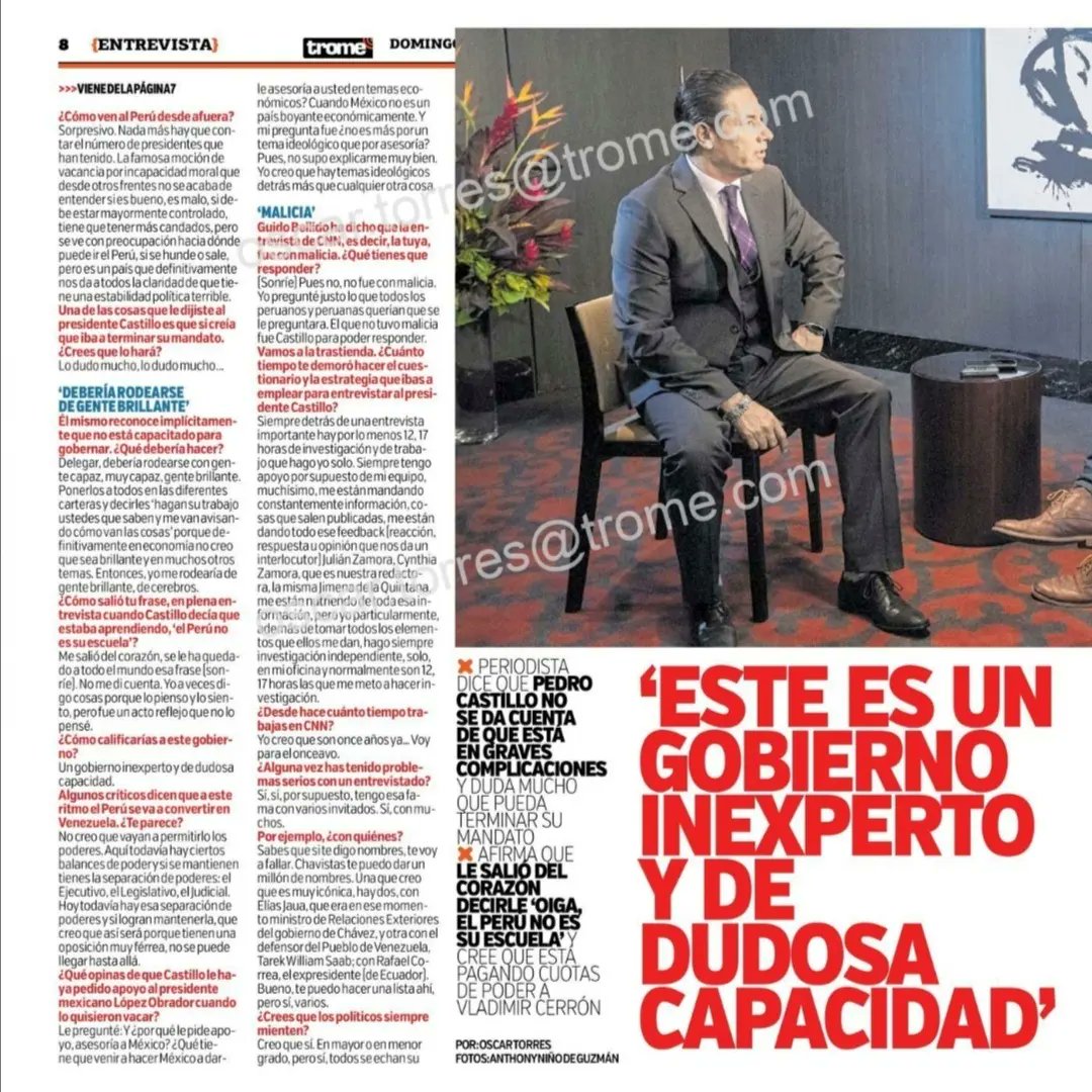 OscarTorresnews's tweet photo. Hoy #Mientrevistaza EXCLUSIVA a la 'peor pesadilla' del presidente #Castillo y que hizo temblar #palacio el colega @soyfdelrincon. #Perú #FernadelRincón #periodista #CNNenespañol #ConclusionesCNN https://t.co/HXJL2zOkAL