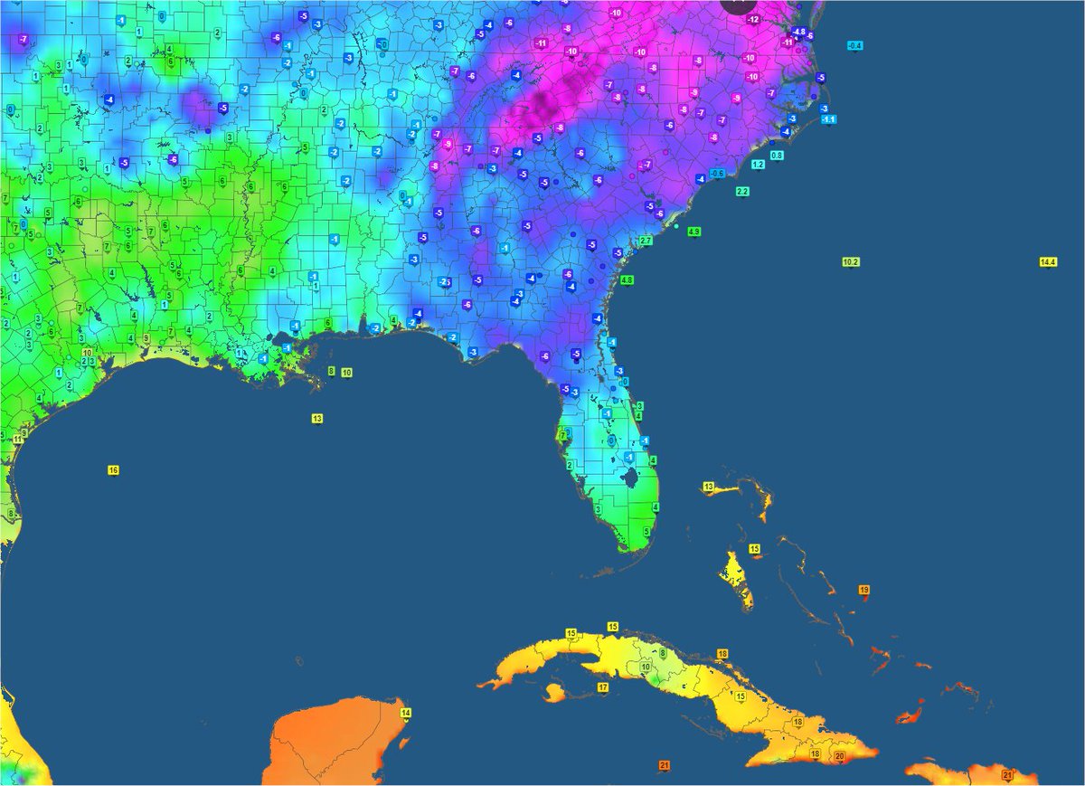 Le froid a progressé jusqu'au sud-est des #USA avec des températures parfois pas vues depuis 10 ans (-7°C à Tallahassee par ex). A peine 5°C à Miami et parfois sous 10°C dans l'intérieur de #Cuba.
Plus au nord, -10 à -15°C sur la côte est de NY à Boston.
Carte @infoclimat 