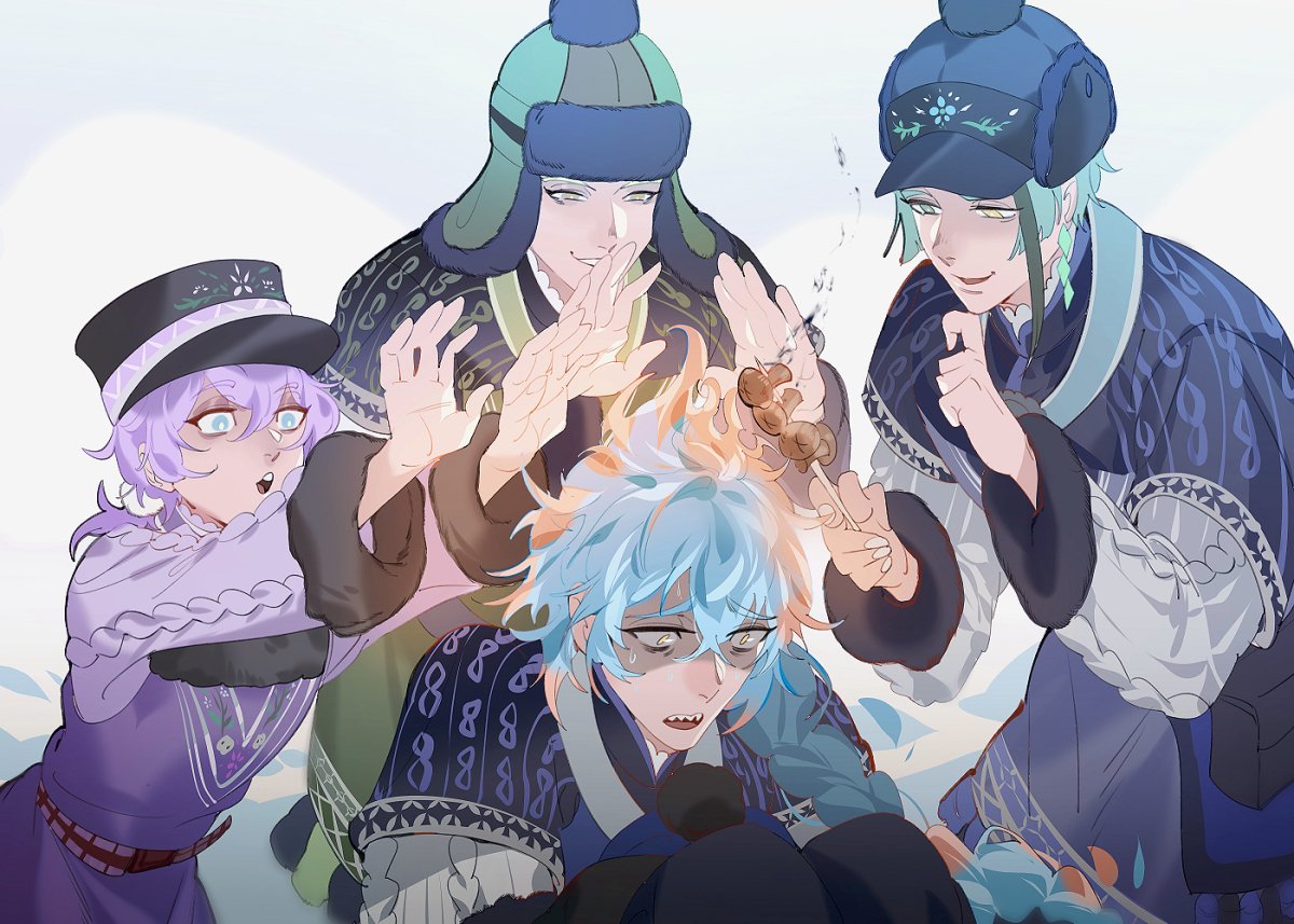 multiple boys hat 3boys male focus purple hair braid blue hair  illustration images