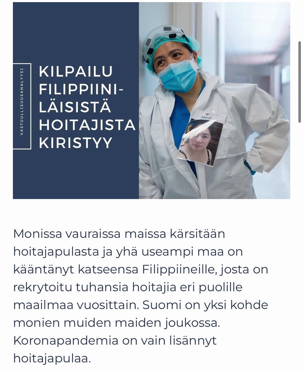 How can the wealthy nations make themselves tempting now and in the future for the well-educated #PhilippineNurses? What should the decisionmakers know? How do the different nations compete in their quest of nurses? @Yritysvastuu21 

Soon in English 🇬🇧: yritysvastuu.fi/raportti-kilpa…