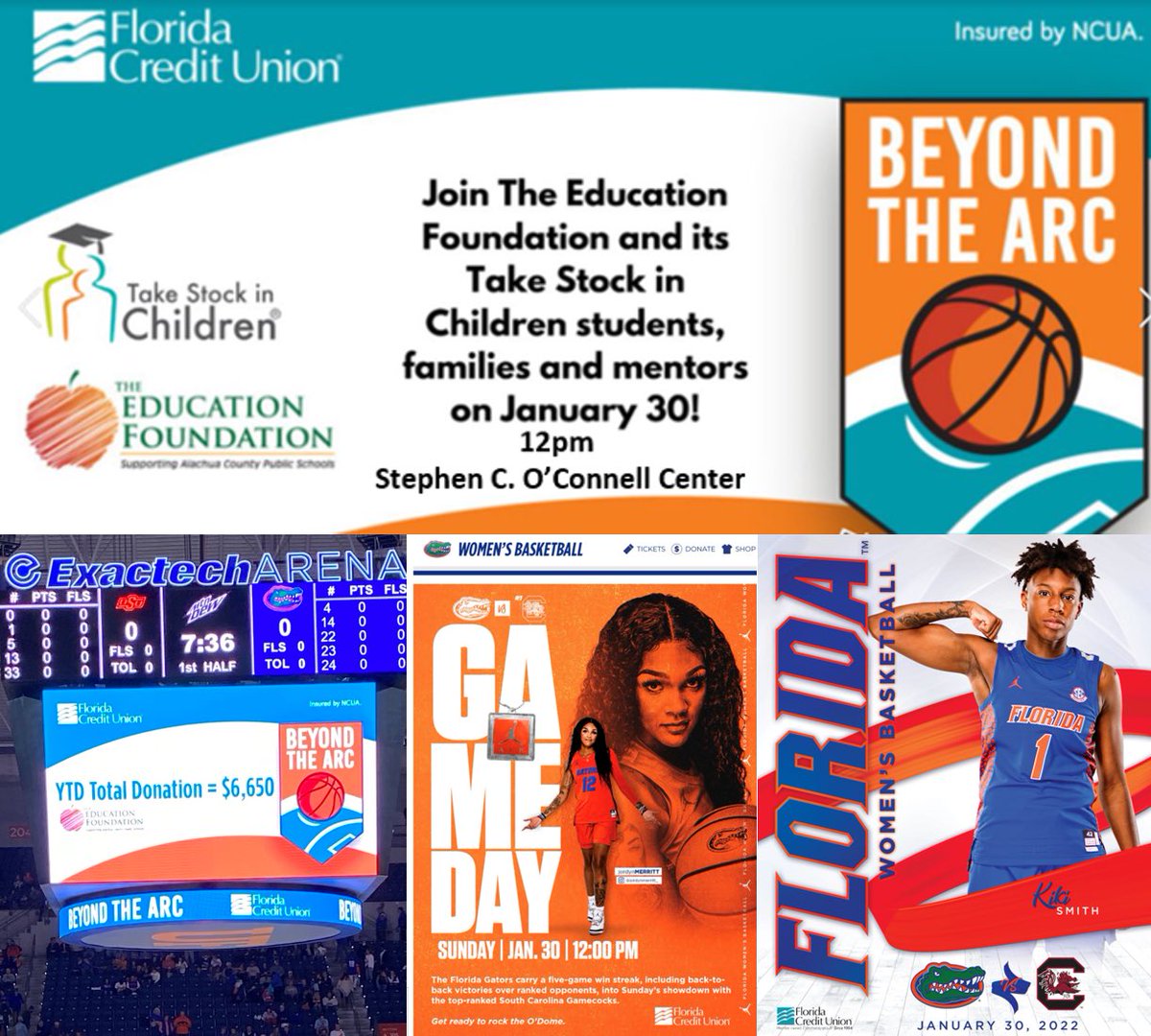 JPTULL's tweet photo. The red hot @gatorswbk team battle #1 #SouthCarolina 12pm @oconnellctr pres by @FLCU. #FLCU sponsors #BeyondTheArcCampaign for @TakeStock @TheEdFoundation $25 for ea @FloridaGators 3 pointer is donated to this program. W/the 10 3’s by @GatorsMBK yesterday YTD total =$6900 🏀🐊 https://t.co/Oc0z2X7Rz7