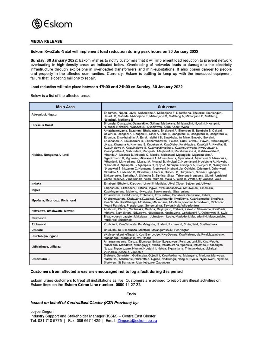 Eskom_SA's tweet photo. Eskom Load Reduction Notice

Date: 30 January 2022

#EskomFreeState #EskomGauteng #EskomKZN #EskomNorthWest

Please see below the provincial statements for details and areas that will be affected today during the hours of 17:00 until 22:00 (times may differ per province) https://t.co/AqxUSbdz7j