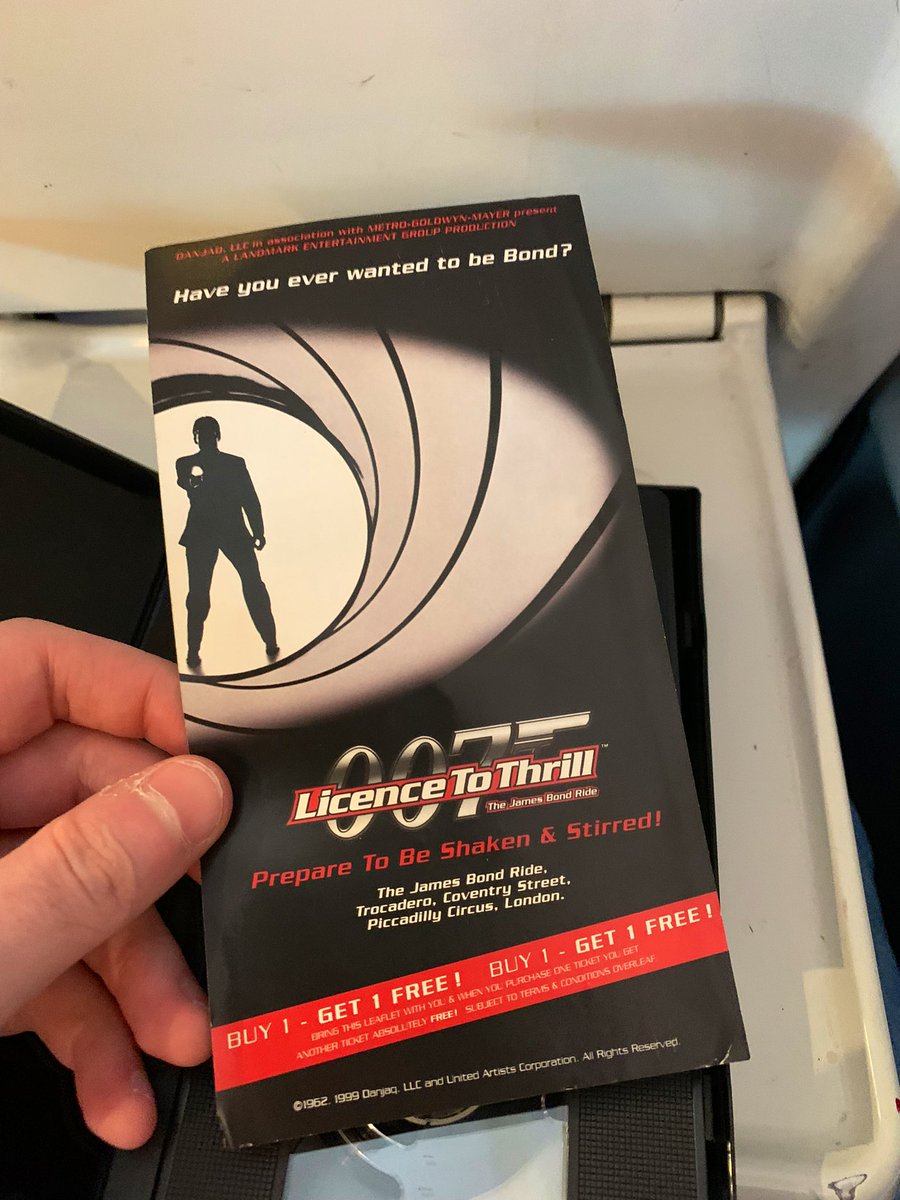 SamR_1995's tweet photo. So yesterday I opened my Goldfinger VHS, that I was taking with me to London where I was watching the film on the big screen, and found a flyer for the Licence To Thrill ride based in London! Had no idea this was in here so that was a lovely surprise and throwback! #JamesBond https://t.co/JGpg5Z7qJU