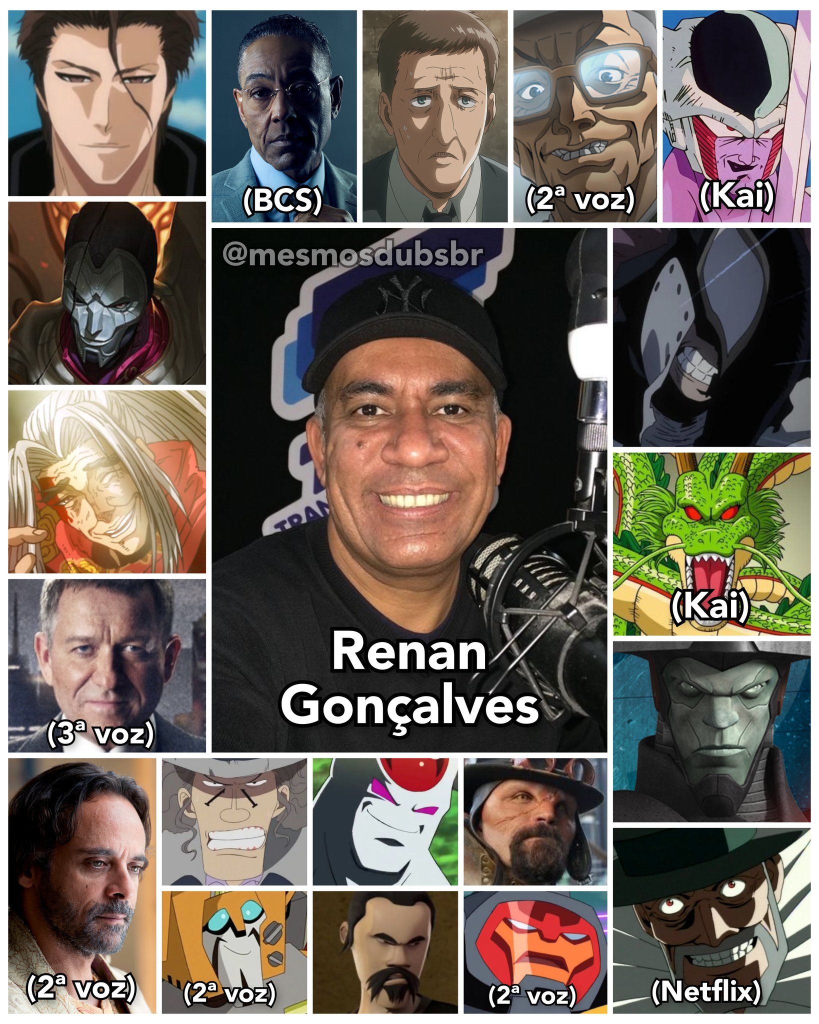 Personagens Com os Mesmos Dubladores! on X: Um excelente dublador, Renan  Gonçalves possui alguns personagens notórios, e que merece muito mais  reconhecimento! Renan é conhecido por dublar o Sousuke Aizen em Bleach