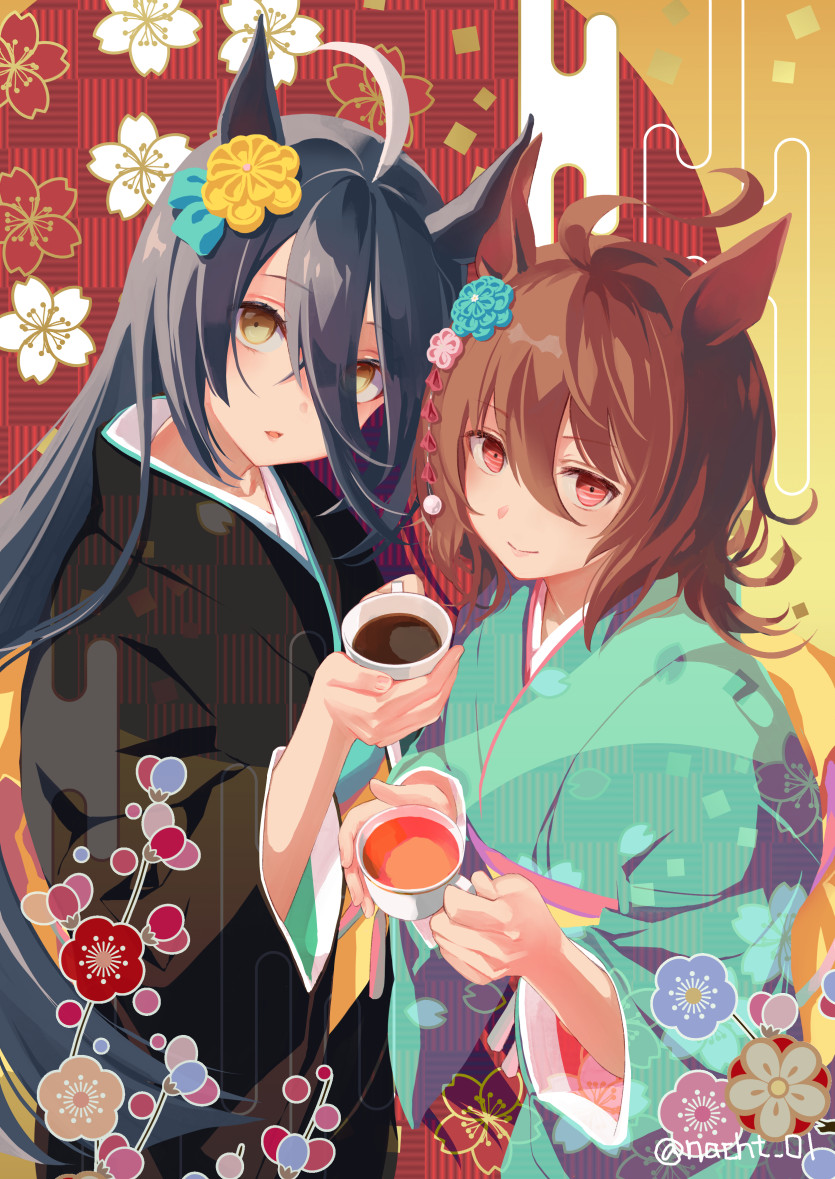 agnes tachyon (umamusume) ,manhattan cafe (umamusume) multiple girls 2girls cup animal ears horse ears black kimono japanese clothes  illustration images