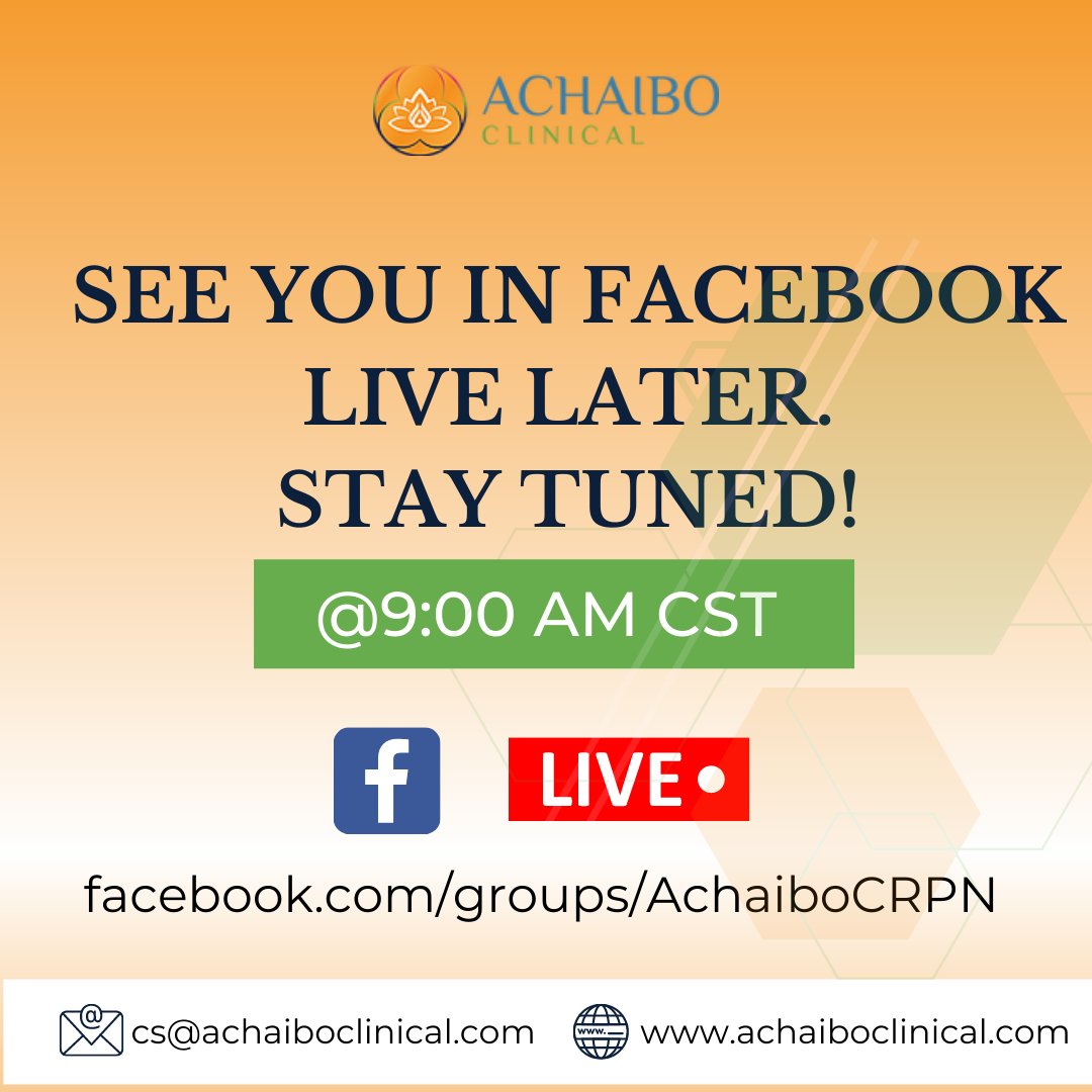 AchaiboClinical's tweet photo. Join us later at our FB Live [Q&amp;A #ClinicalTrials and Success ideas Chats ]
at 9:00 AM CST. Stay tuned. Do not forget to turn on your notification to join our FB live.
You can attend by joining our Group here:
https://t.co/2KnXvGoncl

#achaiboclinical #ClinicalResearch https://t.co/AAcjnn8hMo
