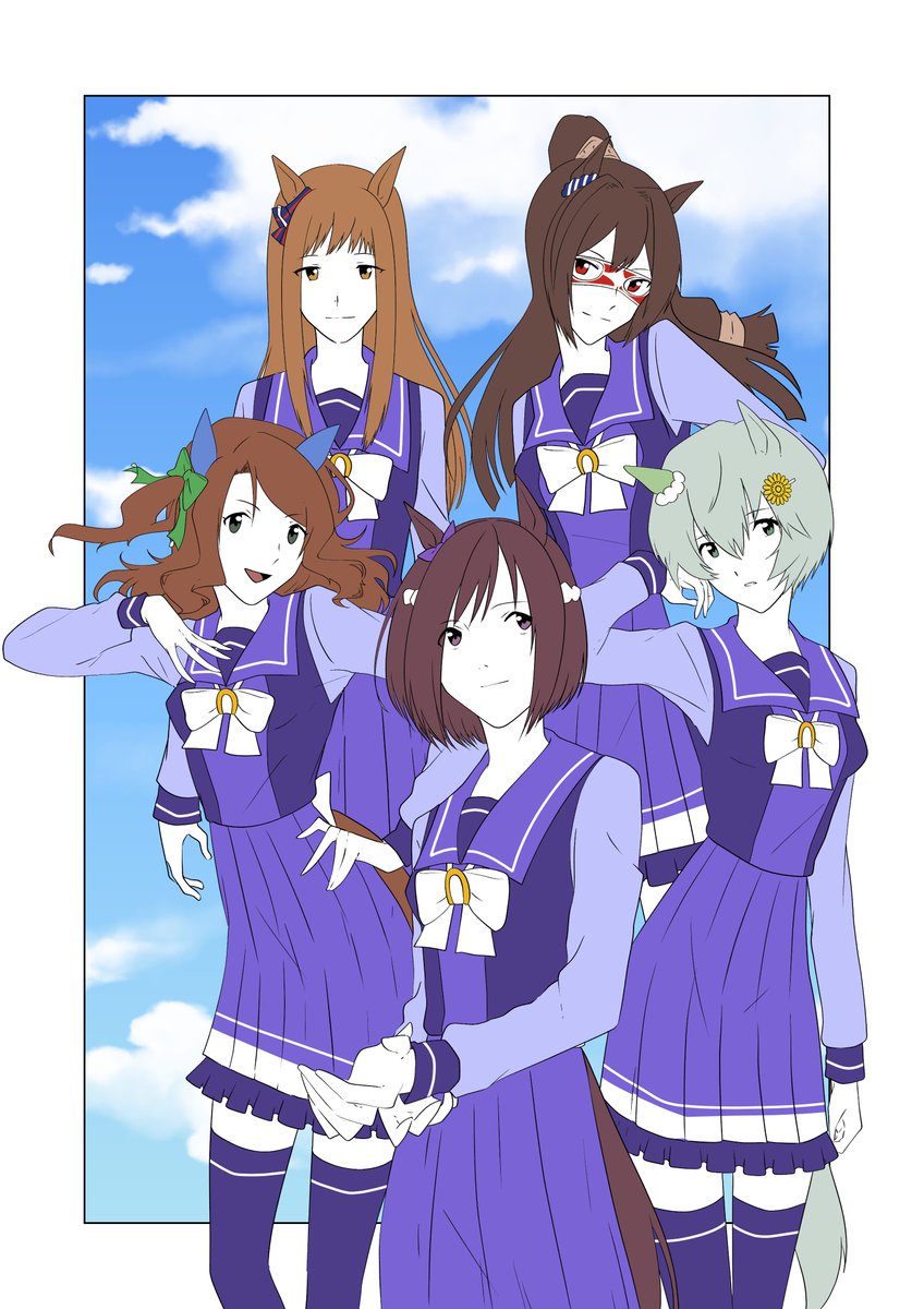 grass wonder (umamusume) ,king halo (umamusume) ,seiun sky (umamusume) multiple girls animal ears school uniform horse ears tail 5girls brown hair  illustration images