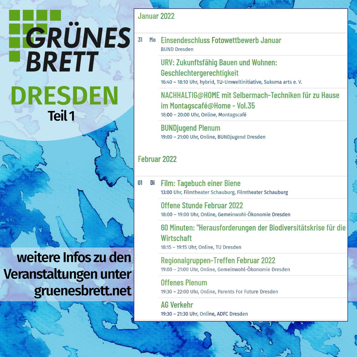 GruenesBrett's tweet photo. Hier die Veranstaltungen aus dem Bereich #Nachhaltigkeit, Klima-, Umwelt- und Naturschutz in #Dresden, #Leipzig &amp; #Chemnitz für die KW5 (31.1. - 6.2.). Immer gerne nochmal auf 👉https://t.co/v7Lkhj9GFd vorbeischauen wegen spontanen Einträgen. Eine schöne Woche allerseits! 🌿 https://t.co/tZROv2H2Oz