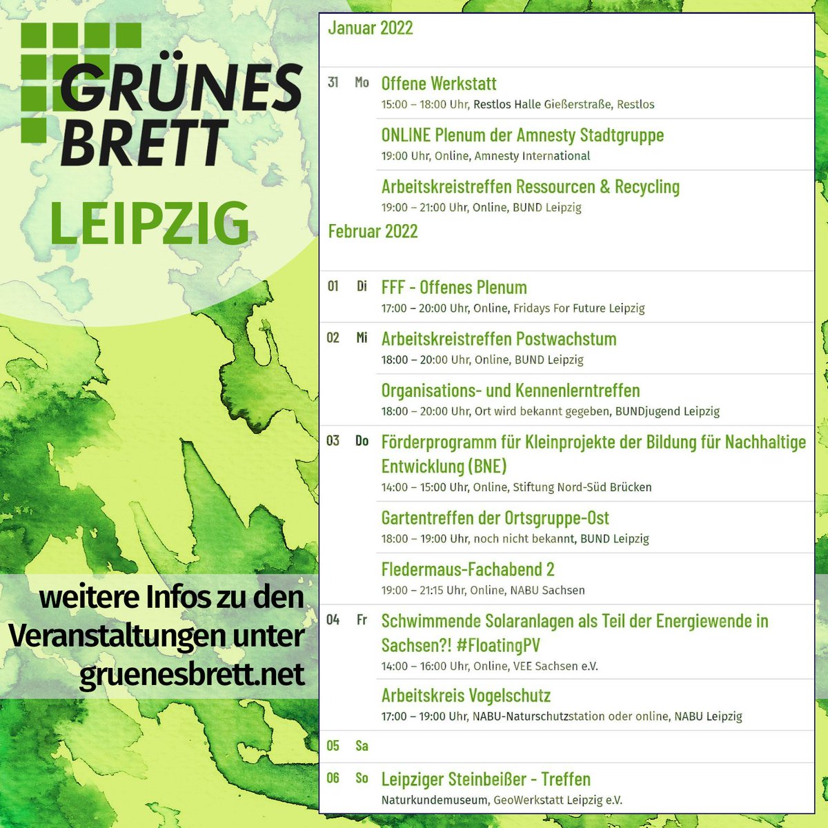 GruenesBrett's tweet photo. Hier die Veranstaltungen aus dem Bereich #Nachhaltigkeit, Klima-, Umwelt- und Naturschutz in #Dresden, #Leipzig &amp; #Chemnitz für die KW5 (31.1. - 6.2.). Immer gerne nochmal auf 👉https://t.co/v7Lkhj9GFd vorbeischauen wegen spontanen Einträgen. Eine schöne Woche allerseits! 🌿 https://t.co/tZROv2H2Oz