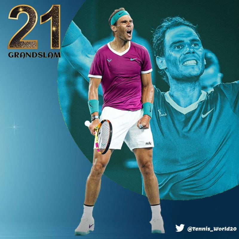 Tennis_World20's tweet photo. الاسباني رافا نادال يعود من بعيييييد و يحقق إنجاز غير مسبوق وينفرد بالرقم القياسي في القاب الجراند سلام برصيد 21 لقب بعد تتويجه بلقب بطولة استراليا بتفوقه على الروسي دانيل ميدفيديف في نهائي مثير بثلاث مجموعات لمجموعتين 6-2 7-6 4-6 4-6 5-7 في نهائي تجاوز خمس ساعات من المنافسة. https://t.co/VUXBjFTqrP
