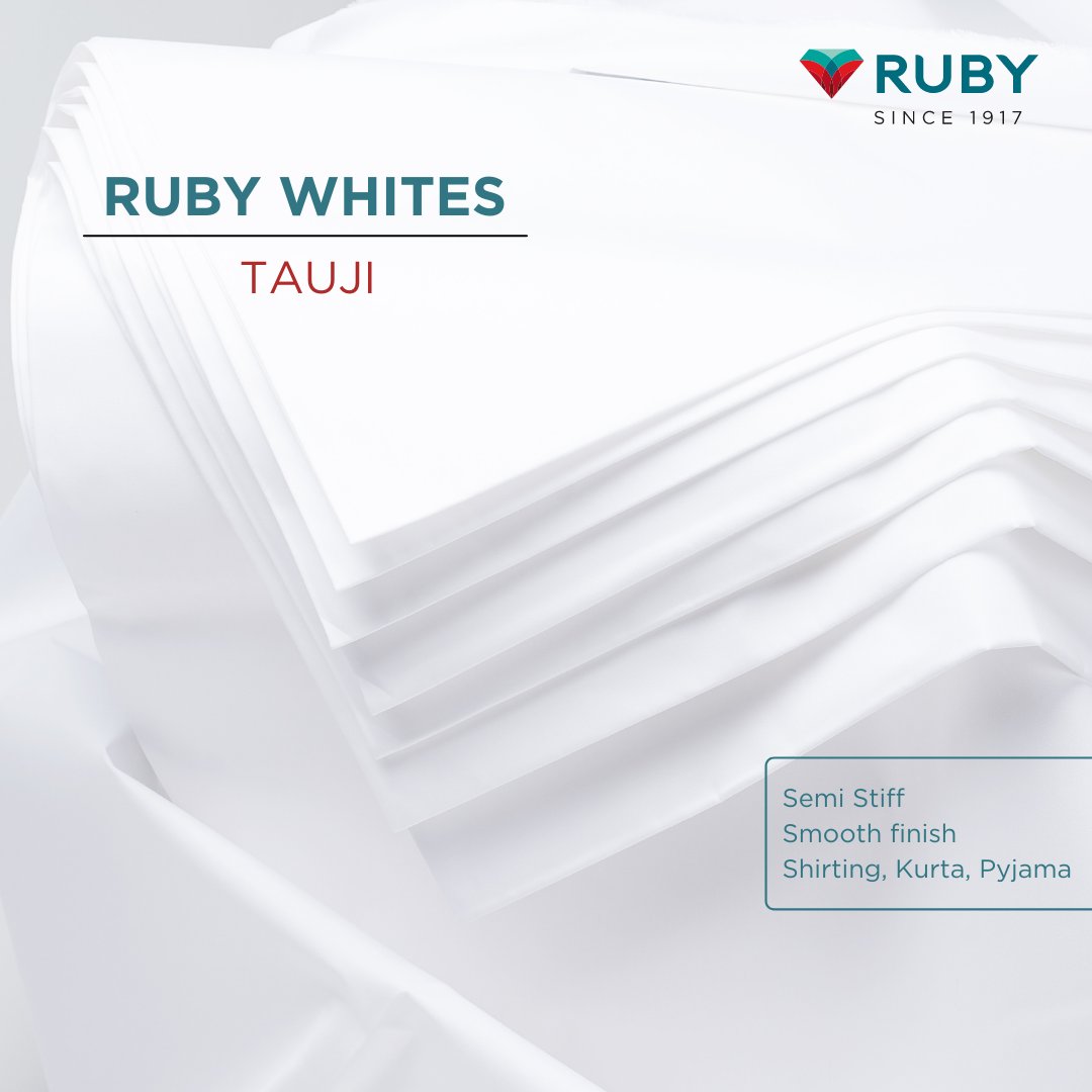 Tauji from Ruby Whites - made with the finest cotton. A multi-purpose fabric for menswear which can be used for shirting, kurtas as well as pyjamas.

#RubyMills #TheRubyMills #textilemill #ATouchofRuby #ACutAbove #textilesindia #textile #customise #rubywhite #rubyfabric