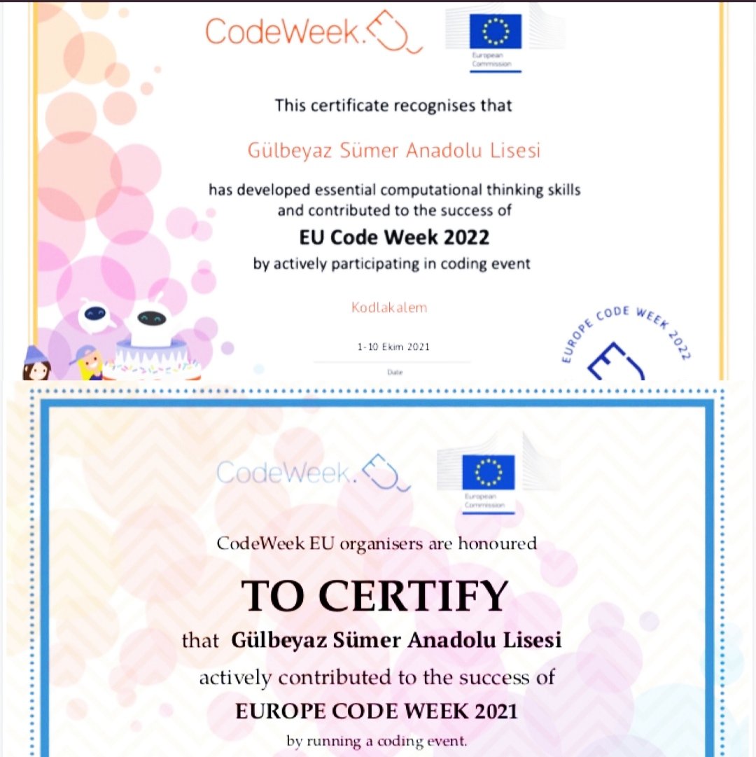 osim033's tweet photo. Gülbeyaz Sümer Anadolu lisesi olarak Codeweek haftası etkinlikleri kapsamında yaptığımız çalışmalarla hem organizatör hem de katılımcı düzeyinde mükemmellik sertifikası aldık. Emeği geçen öğretmen ve öğrencilerimizi tebrik ediyoruz. @tufekciyusuf @kirikkalemem @GLNHANAKYREK https://t.co/UY2SDVE9Ku