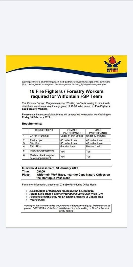 RT @RMakukuli: 16 Fire Fighters / Forestry Workers required for Witfontein FSP Team https://t.co/kS4CsGXyew