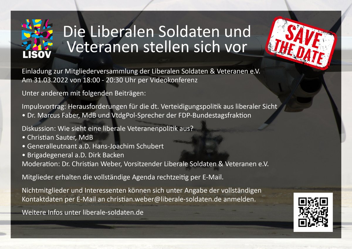 Liberale Soldaten und Veteranen (@liberalesov) on Twitter photo #SaveTheDate! Am 31.03. findet unsere erste Mitgliederversammlung seit der Gründung statt! Es warten dabei zwei spannende Formate, u.a. mit dem VtdgPol-Sprecher der <a href="/fdpbt/">Fraktion der Freien Demokraten</a> <a href="/MarcusFaber/">Marcus Faber</a> auf euch. Mehr Informationen im Bild👇 #SaveTheDate! Am 31.03. findet unsere erste Mitgliederversammlung seit der Gründung statt! Es warten dabei zwei spannende Formate, u.a. mit dem VtdgPol-Sprecher der <a href="/fdpbt/">Fraktion der Freien Demokraten</a> <a href="/MarcusFaber/">Marcus Faber</a> auf euch. Mehr Informationen im Bild👇