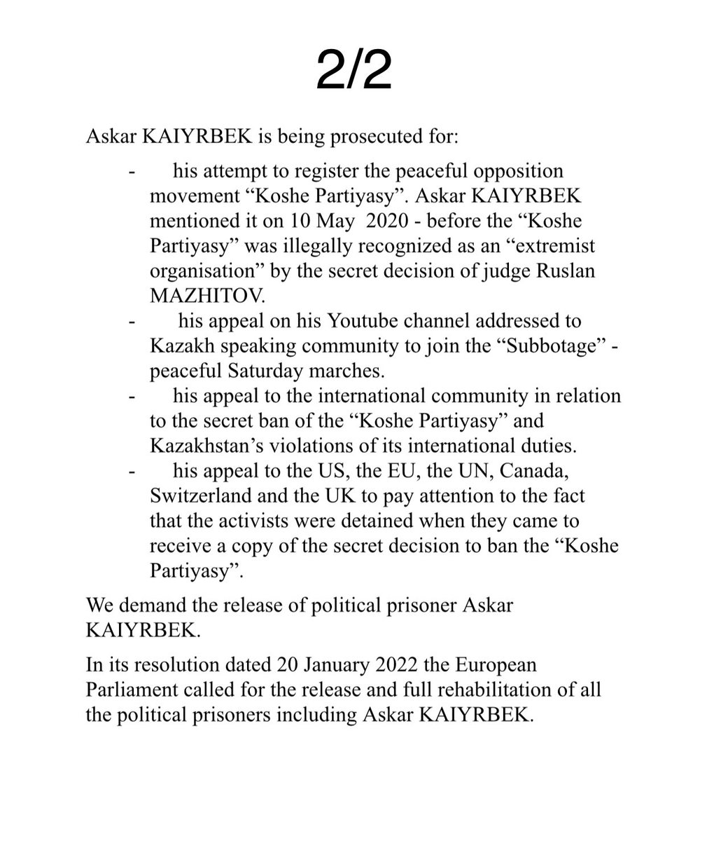 ksaumuk's tweet photo. 1/2💢On 26 January 2022 judge Almas ZHUMAGAZIN refused to grant parole to political prisoner Askar #KAIYRBEK citing that Askar KAIYRBEK hadn’t taken part in “exposing those who formed terrorist and extremist groups”.

@ro2019eu
@SwedeninEU
@EamonGilmore https://t.co/XwzsuImWof