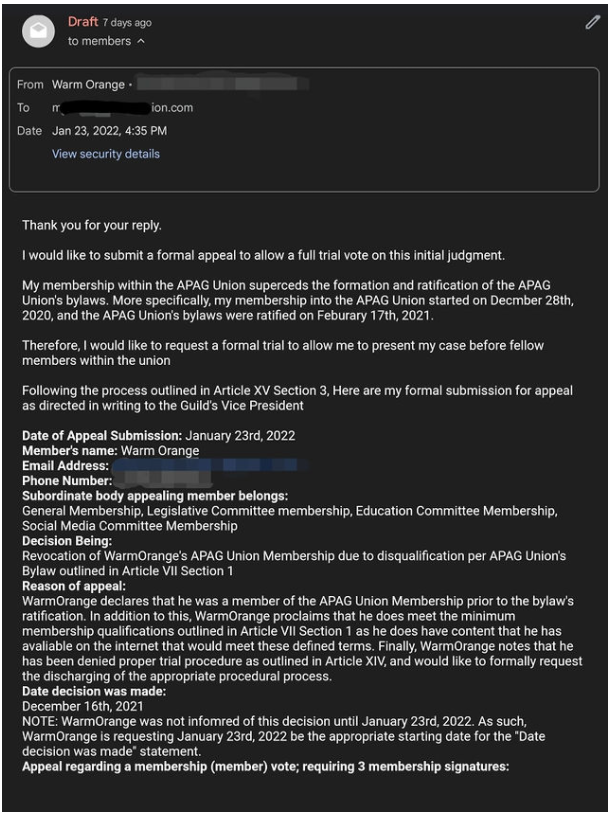 MemberBlasts's tweet photo. Where this differs?

WarmOrange wasn't "charged" with any violations (still no trial).

Their membership happened BEFORE the by-laws were ratified; they DO qualify as an Adult Performer nonetheless (active content-selling page).

WarmOrange CAN and IS APPEALING. https://t.co/10qdDQcAzX