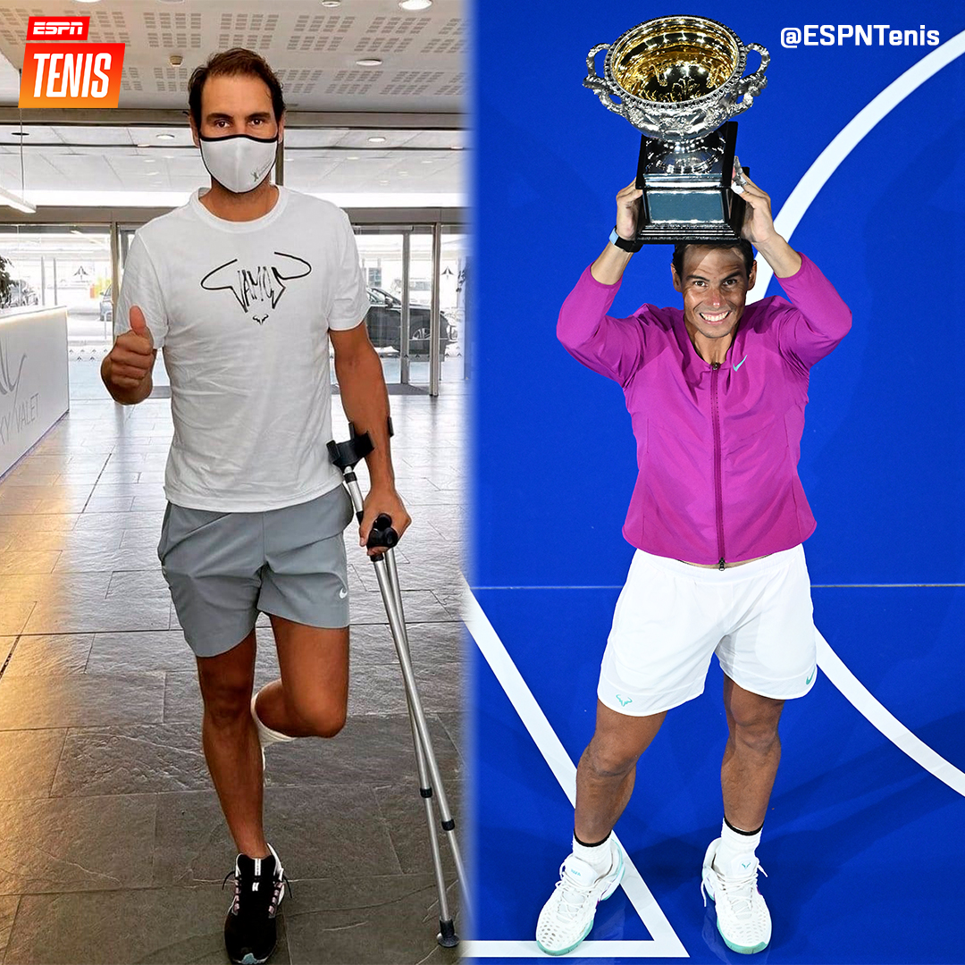 ESPNtenis's tweet photo. Solo cuatro meses separan una foto de la otra. Simplemente Rafael Nadal. 💪🇪🇸

#AUSTRALIAxESPN @RafaelNadal https://t.co/qDDaFSCDyH