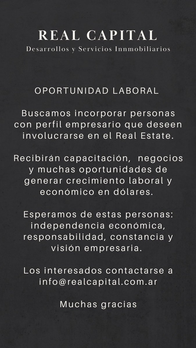 OPORTUNIDAD LABORAL
Esperamos tus datos 👉 info@realcapital.com.ar