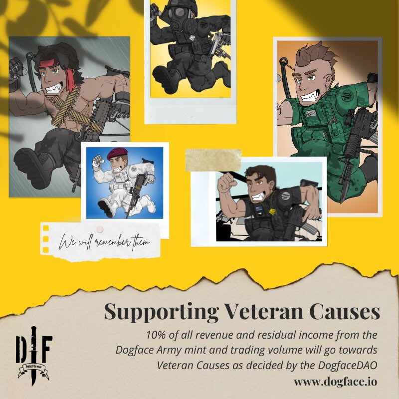 dogfaceDAO's tweet photo. 💥 #NFTGiveaways for Discord &amp; Twitter Community
🥇Supporting Veteran Causes
🌍20% - #DogfaceDAO

1️⃣RT &amp; Tag 2 Friends
2️⃣Follow @dogfaceNFT
3️⃣Join Discord👇
https://t.co/EdreauYwXa

#DAO #Staking #ETH #Ethereum #NFTcollector #NFTcollectors #NFT #NFTProject #NFTCommunity #FreeNFTs https://t.co/QzXk0FcMpi