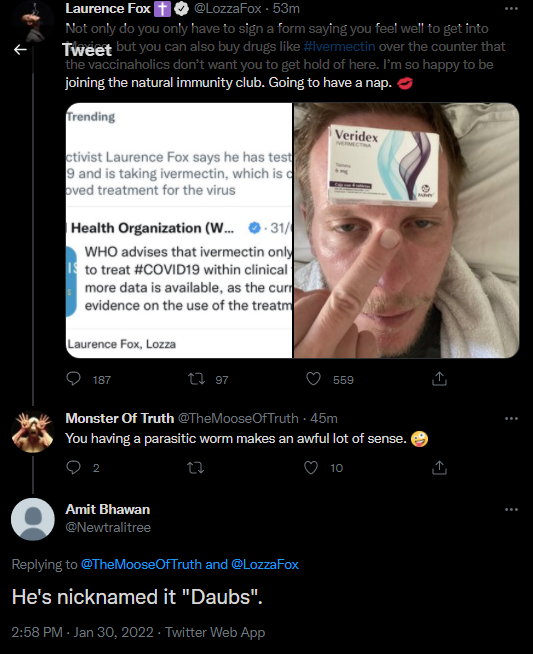 TheCraneReport's tweet photo. #IvermectinForParasites
Underrated tweets responding to Lozza #TwoJabs Fox treating himself with a drug that doesn't treat either #SARSCoV2 or #Covid19UK
🤪🤣👇 https://t.co/RhTTZSts3v